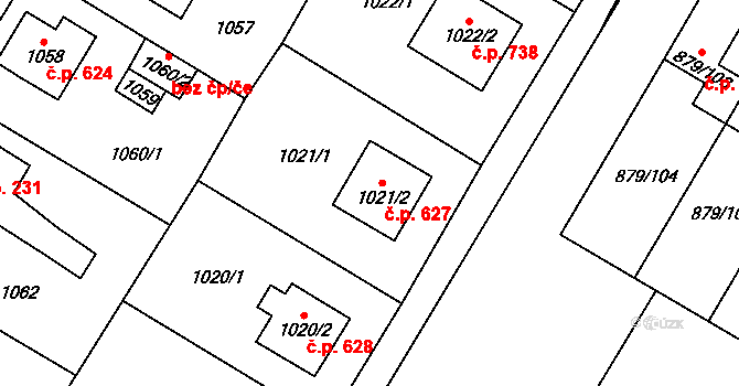 Kosmonosy 627 na parcele st. 1021/2 v KÚ Kosmonosy, Katastrální mapa