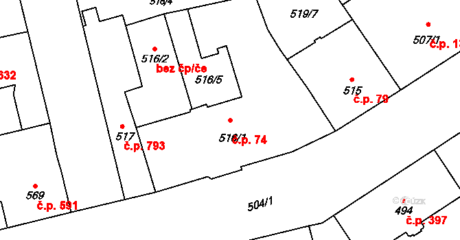 Nový Bohumín 74, Bohumín na parcele st. 516/1 v KÚ Nový Bohumín, Katastrální mapa