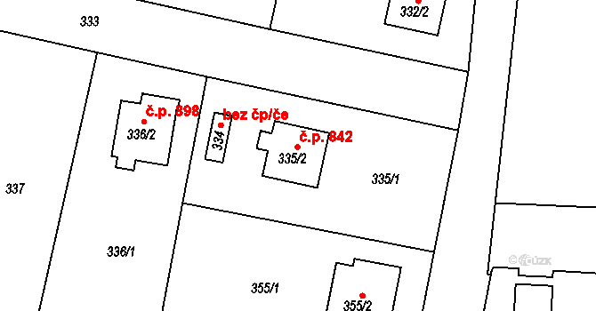Kunratice 842, Praha na parcele st. 335/2 v KÚ Kunratice, Katastrální mapa