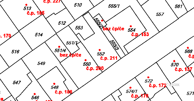 Malešice 211, Praha na parcele st. 552/1 v KÚ Malešice, Katastrální mapa