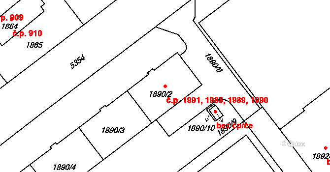 Východní Předměstí 1988,1989,1990,1991, Plzeň na parcele st. 1890/2 v KÚ Plzeň, Katastrální mapa