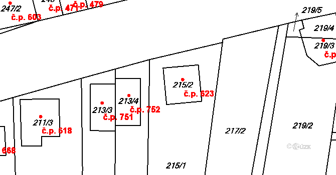 Blučina 623 na parcele st. 215/2 v KÚ Blučina, Katastrální mapa