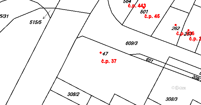 Přední Ptákovice 37, Strakonice na parcele st. 47 v KÚ Přední Ptákovice, Katastrální mapa