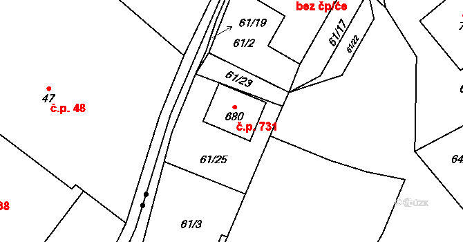 Velké Přílepy 731 na parcele st. 680 v KÚ Velké Přílepy, Katastrální mapa