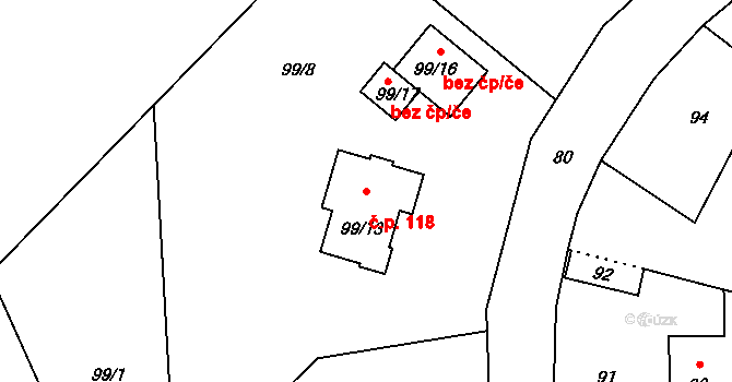 Vinařice 118, Týnec nad Labem na parcele st. 99/13 v KÚ Vinařice u Týnce nad Labem, Katastrální mapa