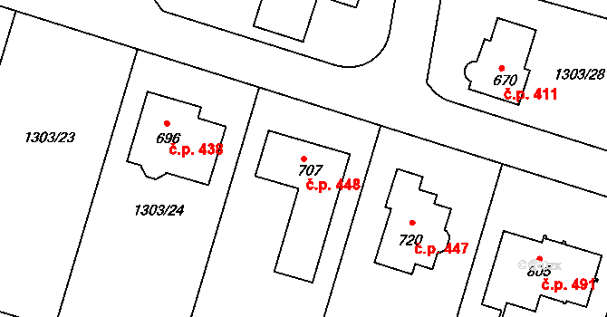 Doksy 448 na parcele st. 707 v KÚ Doksy u Kladna, Katastrální mapa