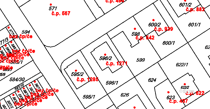 Komín 1271, Brno na parcele st. 596/2 v KÚ Komín, Katastrální mapa