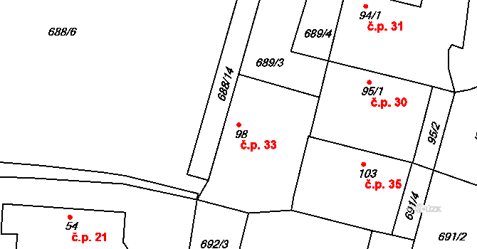 Obora u Cerhonic 33, Cerhonice na parcele st. 98 v KÚ Cerhonice, Katastrální mapa