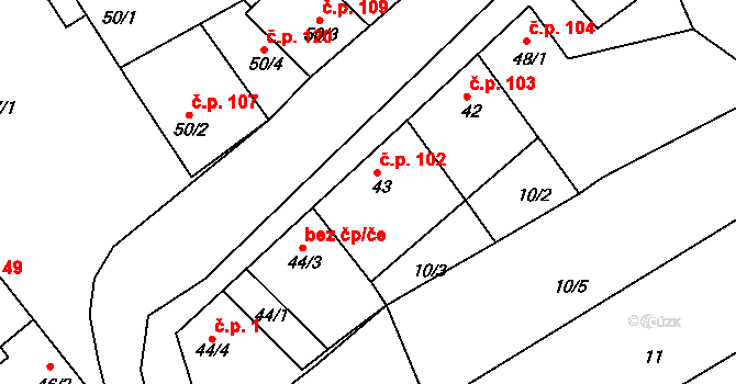 Vážany 102 na parcele st. 43 v KÚ Vážany u Vyškova, Katastrální mapa
