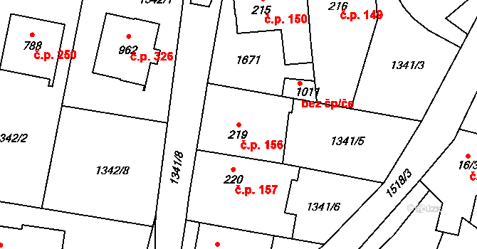 Příluky 156, Zlín na parcele st. 219 v KÚ Příluky u Zlína, Katastrální mapa