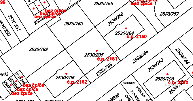 Předměstí 2151, Opava na parcele st. 2530/205 v KÚ Opava-Předměstí, Katastrální mapa