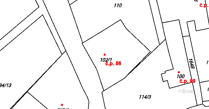 Hrabyně 56 na parcele st. 102/1 v KÚ Hrabyně, Katastrální mapa