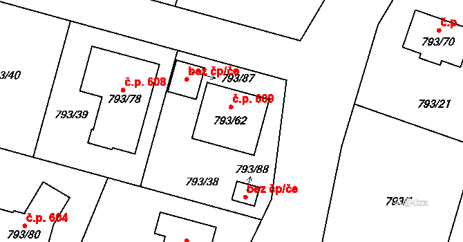 Štěnovice 609 na parcele st. 793/62 v KÚ Štěnovice, Katastrální mapa