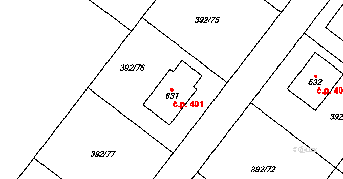 Všeruby 401 na parcele st. 631 v KÚ Všeruby u Plzně, Katastrální mapa