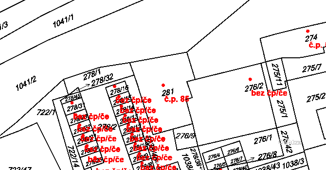 Všetuly 85, Holešov na parcele st. 281 v KÚ Všetuly, Katastrální mapa