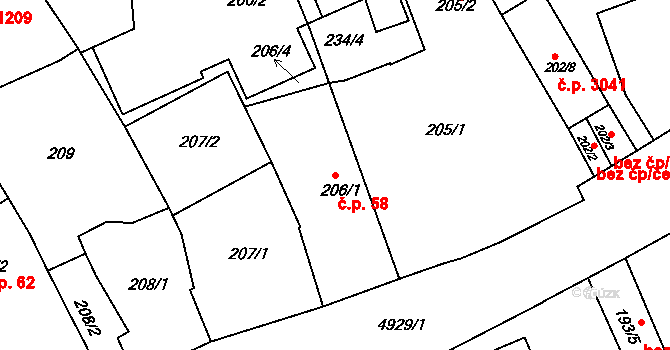 Přerov I-Město 58, Přerov na parcele st. 206/1 v KÚ Přerov, Katastrální mapa
