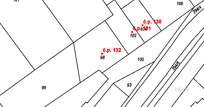 Hlízov 132 na parcele st. 98 v KÚ Hlízov, Katastrální mapa