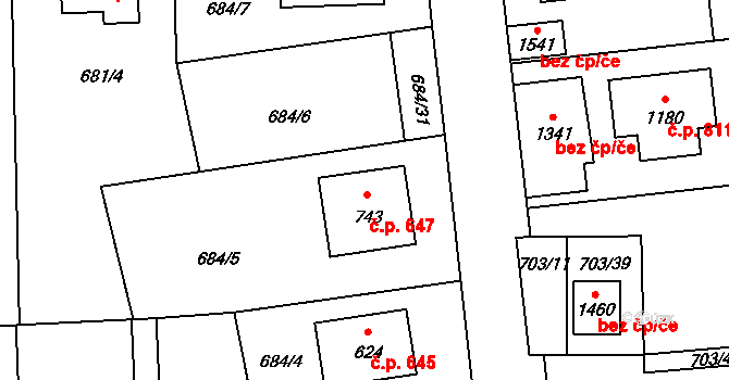 Lišov 647 na parcele st. 743 v KÚ Lišov, Katastrální mapa