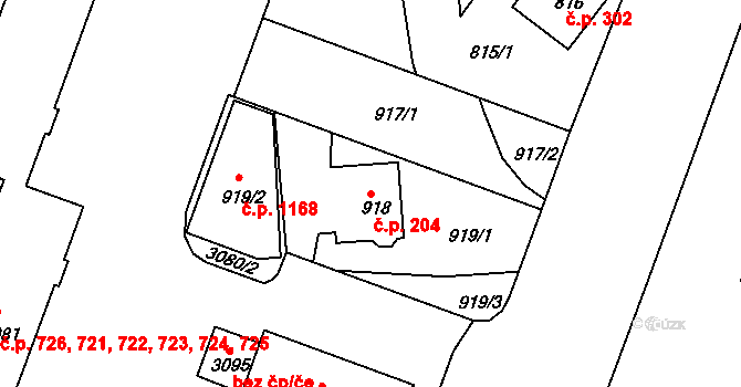 Lyžbice 204, Třinec na parcele st. 918 v KÚ Lyžbice, Katastrální mapa