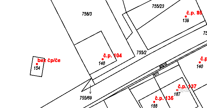 Kostelany 104 na parcele st. 148 v KÚ Kostelany, Katastrální mapa