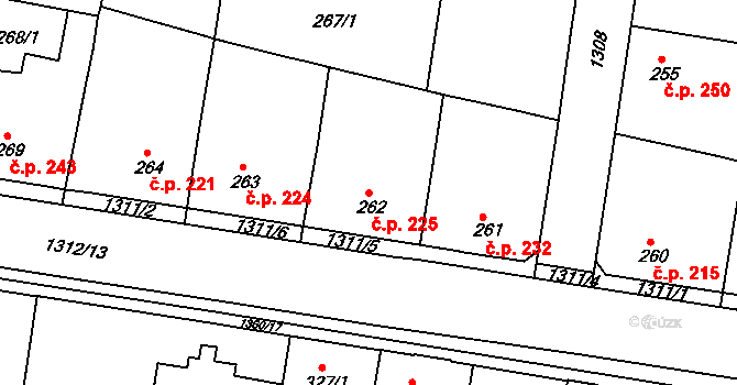 Tuchlovice 225 na parcele st. 262 v KÚ Tuchlovice, Katastrální mapa
