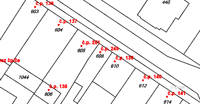 Křelov 249, Křelov-Břuchotín na parcele st. 608 v KÚ Křelov, Katastrální mapa