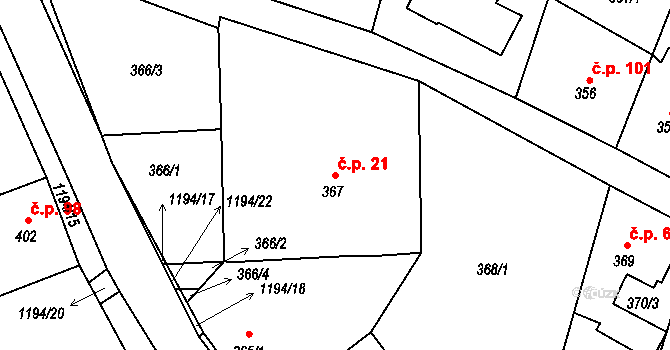 Holubov 21 na parcele st. 367 v KÚ Holubov, Katastrální mapa