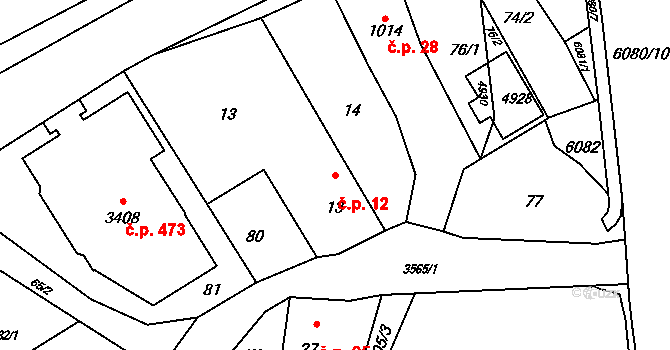 Rožnov pod Radhoštěm 12 na parcele st. 13 v KÚ Rožnov pod Radhoštěm, Katastrální mapa
