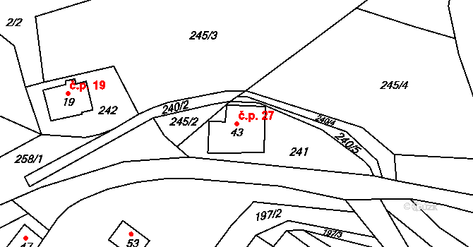 Dolní Javoří 27, Lázně Bělohrad na parcele st. 43 v KÚ Dolní Javoří, Katastrální mapa