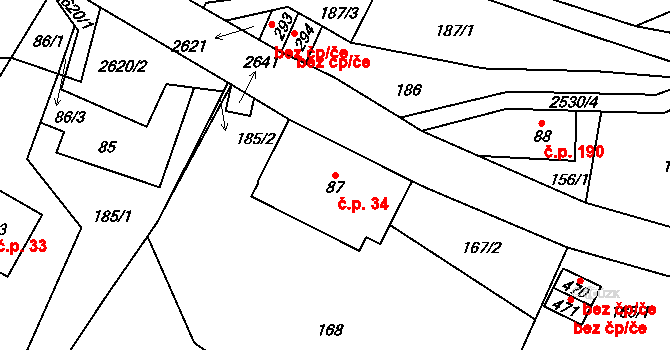 Hnátnice 34 na parcele st. 87 v KÚ Hnátnice, Katastrální mapa