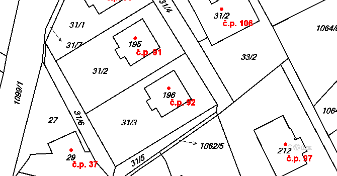 Ústí 92 na parcele st. 196 v KÚ Ústí u Humpolce, Katastrální mapa