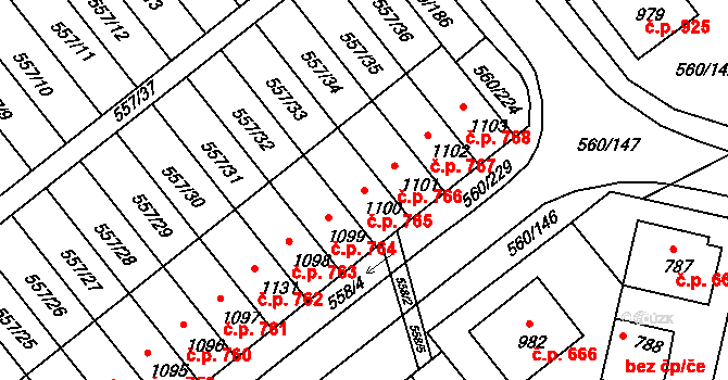 Podklášteří 765, Třebíč na parcele st. 1100 v KÚ Podklášteří, Katastrální mapa