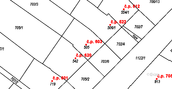 Náměšť nad Oslavou 603 na parcele st. 505 v KÚ Náměšť nad Oslavou, Katastrální mapa