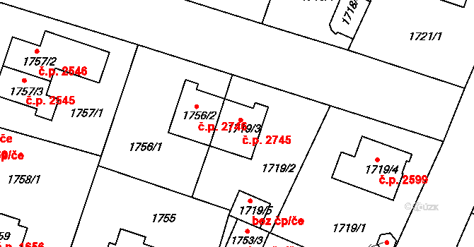Teplice 2745 na parcele st. 1719/3 v KÚ Teplice, Katastrální mapa