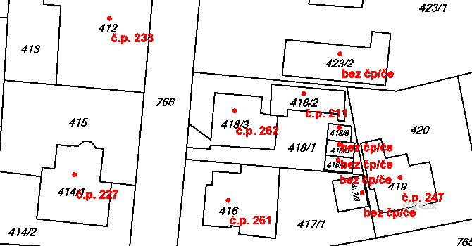 Dolní Měcholupy 262, Praha na parcele st. 418/3 v KÚ Dolní Měcholupy, Katastrální mapa
