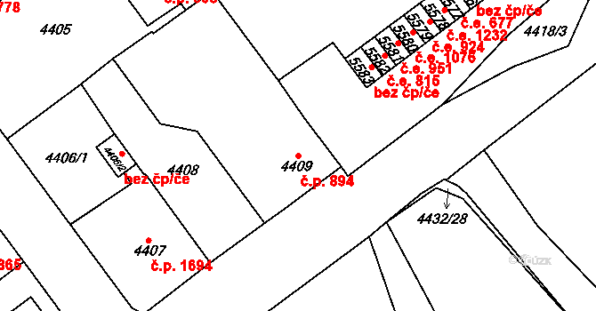 Chomutov 894 na parcele st. 4409 v KÚ Chomutov I, Katastrální mapa