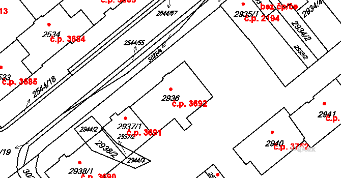 Chomutov 3692 na parcele st. 2936 v KÚ Chomutov II, Katastrální mapa