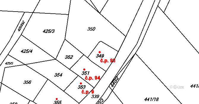 Kanice 93 na parcele st. 349 v KÚ Kanice, Katastrální mapa