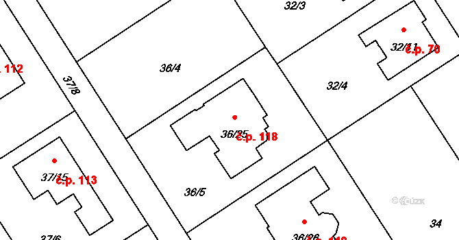 Sobín 118, Praha na parcele st. 36/25 v KÚ Sobín, Katastrální mapa