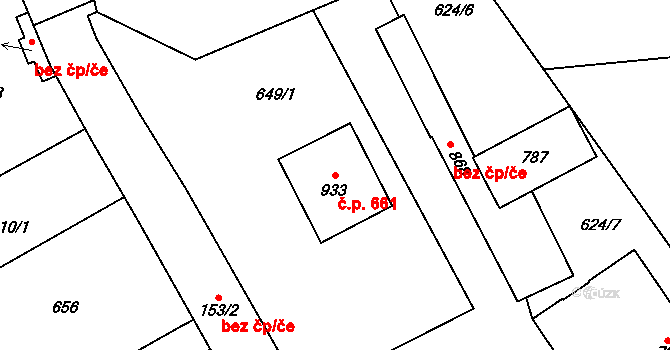 Rosice 661, Pardubice na parcele st. 933 v KÚ Rosice nad Labem, Katastrální mapa