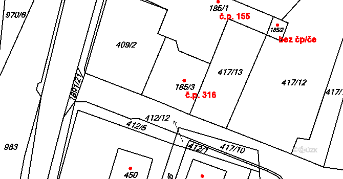 Doubravník 316 na parcele st. 185/3 v KÚ Doubravník, Katastrální mapa