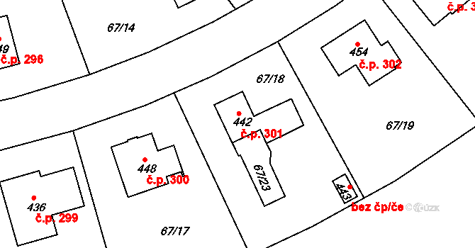Broumy 301 na parcele st. 442 v KÚ Broumy, Katastrální mapa