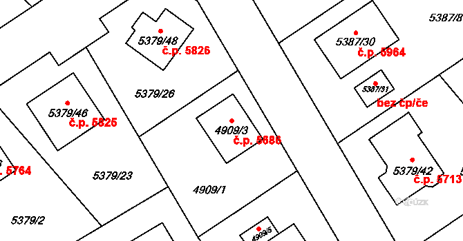 Chomutov 5686 na parcele st. 4909/3 v KÚ Chomutov I, Katastrální mapa