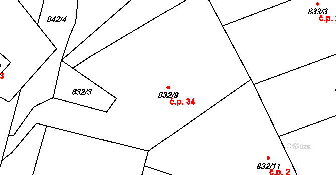 Saběnice 34, Havraň na parcele st. 832/9 v KÚ Havraň, Katastrální mapa