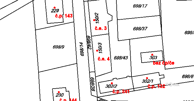 Škrdlovice 4 na parcele st. 150/3 v KÚ Škrdlovice, Katastrální mapa