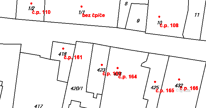 Oldřišov 163 na parcele st. 423 v KÚ Oldřišov, Katastrální mapa
