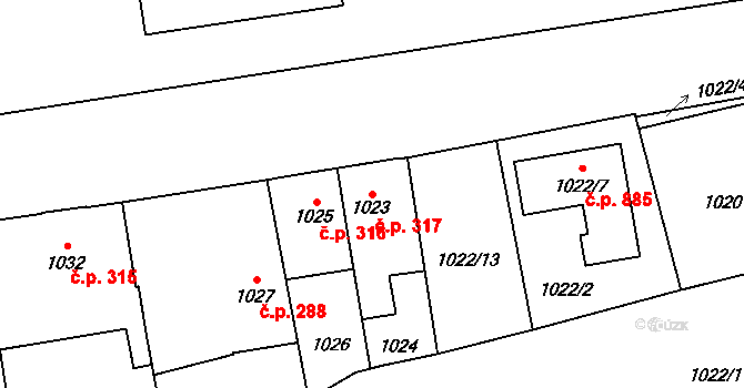 Hronov 317 na parcele st. 1023 v KÚ Hronov, Katastrální mapa