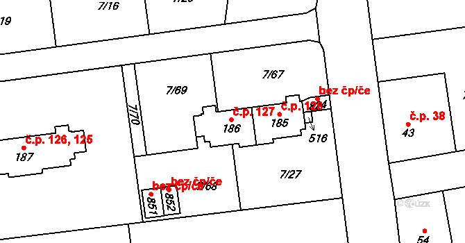 Ohrazenice 127,128, Pardubice na parcele st. 186 v KÚ Ohrazenice, Katastrální mapa