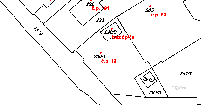 Sobotín 13 na parcele st. 290/1 v KÚ Sobotín, Katastrální mapa