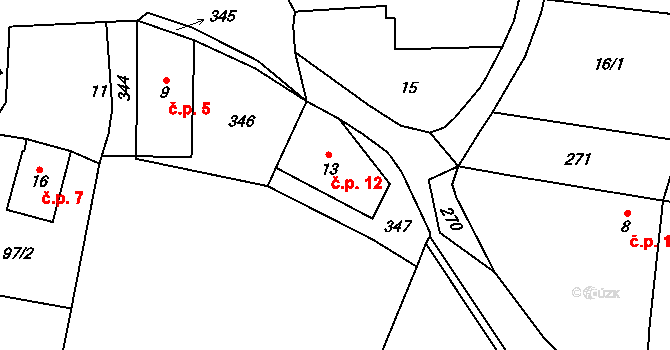 Mojkov 12, Vlachovo Březí na parcele st. 13 v KÚ Mojkov, Katastrální mapa